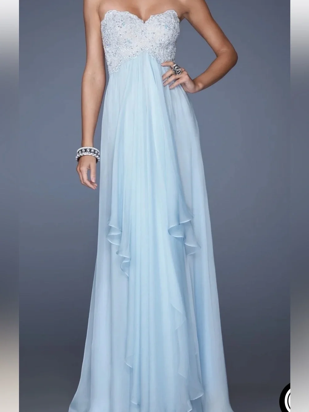 La Femme long light blue formal dress with lace embellished bodice - Picture 1 of 12